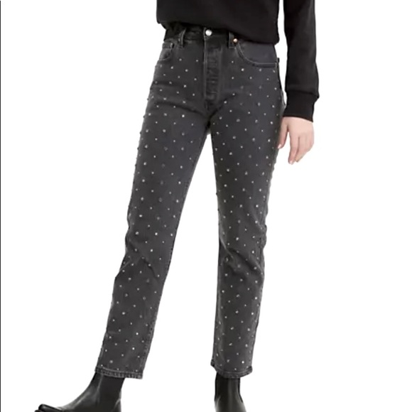 Levi’s Premium 501 Original Crop Silver Studded Jean dk wash ankle length - Picture 1 of 16